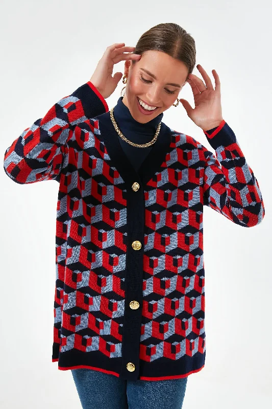 Elegant Outline Navy and Red Geometric Lauren Cardigan