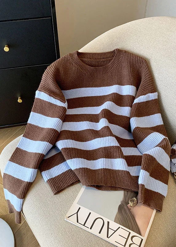Light Fit French Coffee O Neck Striped Knit Short Sweater Fall