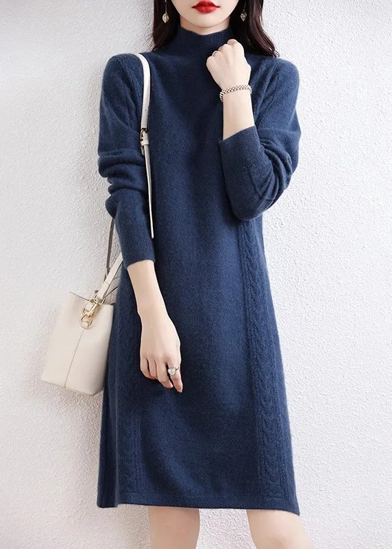 Fashion Touch Elegant Navy Turtleneck Solid Wool Knit Sweater Dress Fall