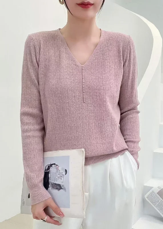 Elegant Outline Elegant Pink V Neck Nail Bead Solid Knit Sweater Fall