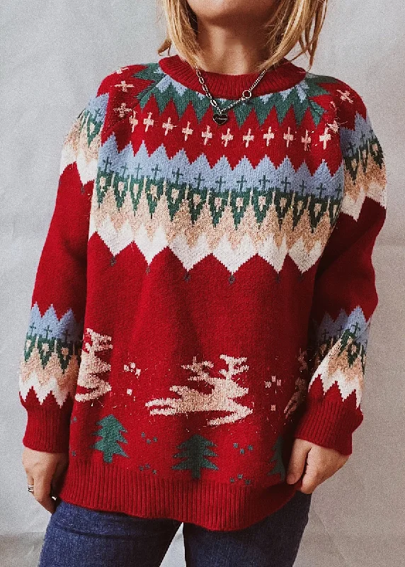 Nightclub Style New Red O Neck Jacquard Thick Knit Sweaters Tops Fall