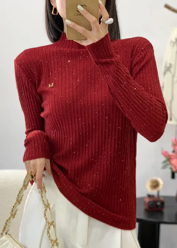 Minimal Comfort Stylish Red O Neck Sequins Wool Knit Sweater Fall
