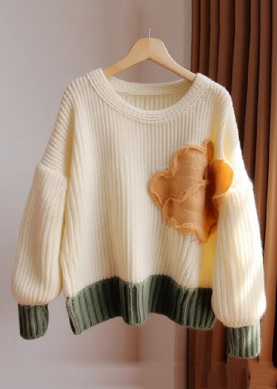 Comfortable Looks Chic Apricot O Neck Patchwork Knit Sweater Fall