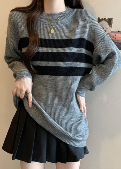 Fashion Must-have French Grey Oversized Striped Knit Tops Fall