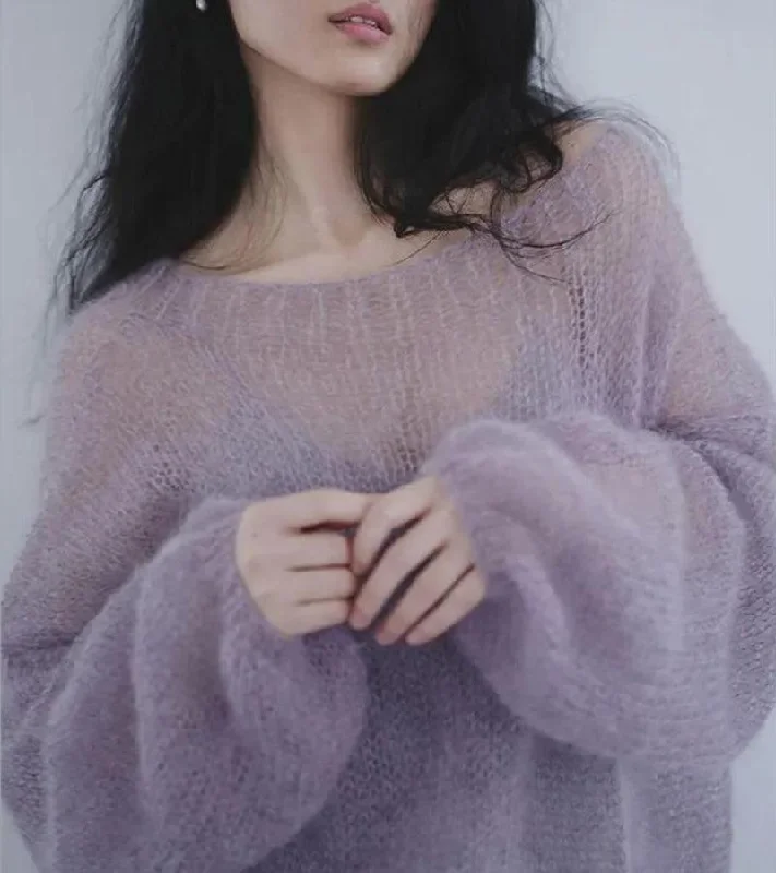 Relaxed Dresses Puff Sleeved Mesh Knit Sweater