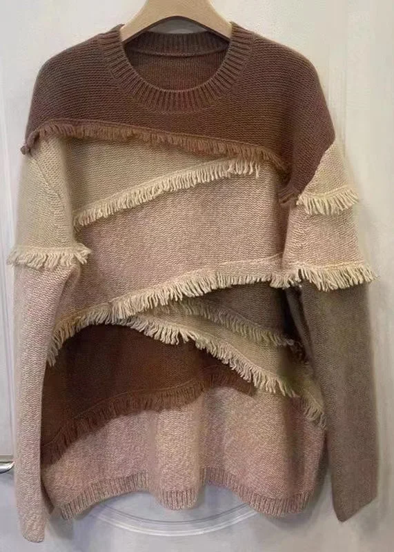 Comfortable Jackets Italian Colorblock O Neck Tasseled Patchwork Knit Sweaters Top Fall
