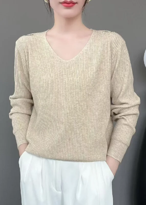 Elegant Comfort New Khaki V Neck Solid Knit Sweater Fall