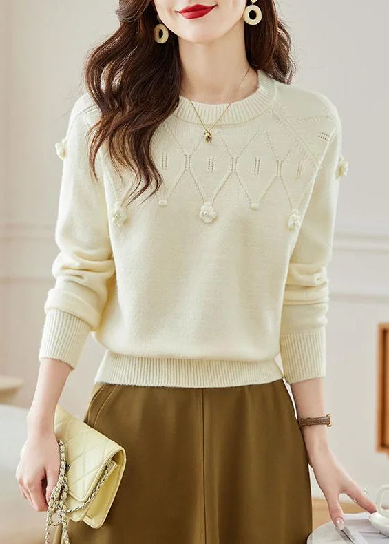 European And American Style Stylish Beige O Neck Hollow Out Knit Sweater Fall