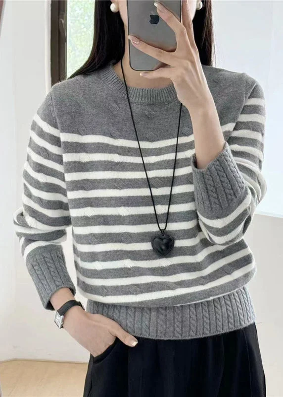 Basic Comfort Women Grey Striped Cozy Knit Sweaters Fall