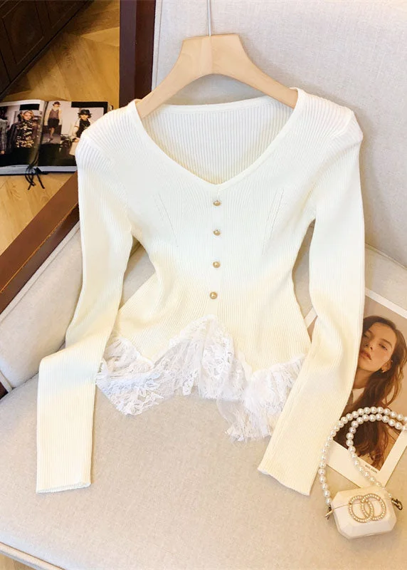 Comfortable Fashion Fitted Apricot V Neck Lace Patchwork Knit Sweaters Fall