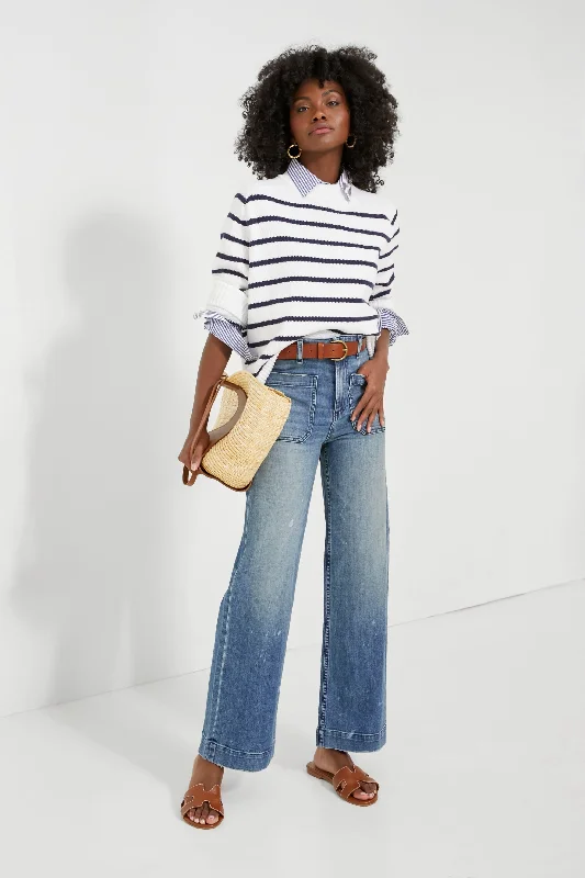 Chic Comfort Wear Ivory and Navy Cotton Striped Bryant Sweater