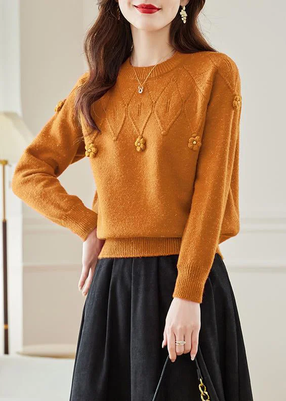 Slightly Flared Design Orange Hollow Out Solid Knit Fall Sweaters O Neck