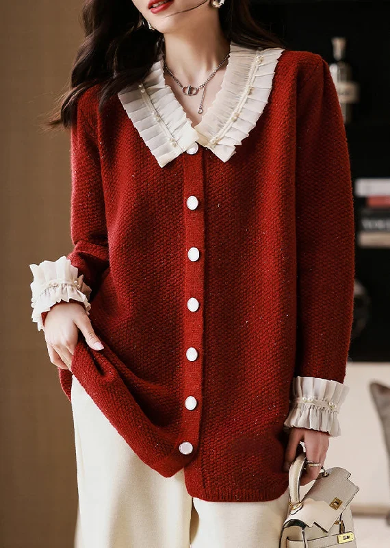 Relaxed Looks Italian Red Ruffled Nail Bead Patchwork Knitted Sweaters Fall