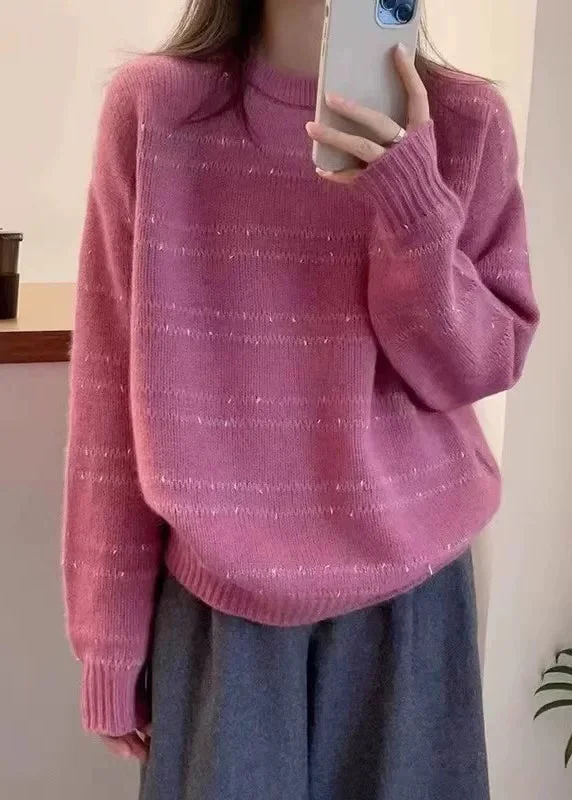 Trendy Wear Art Pink O Neck Cozy Cotton Knit Sweater Fall
