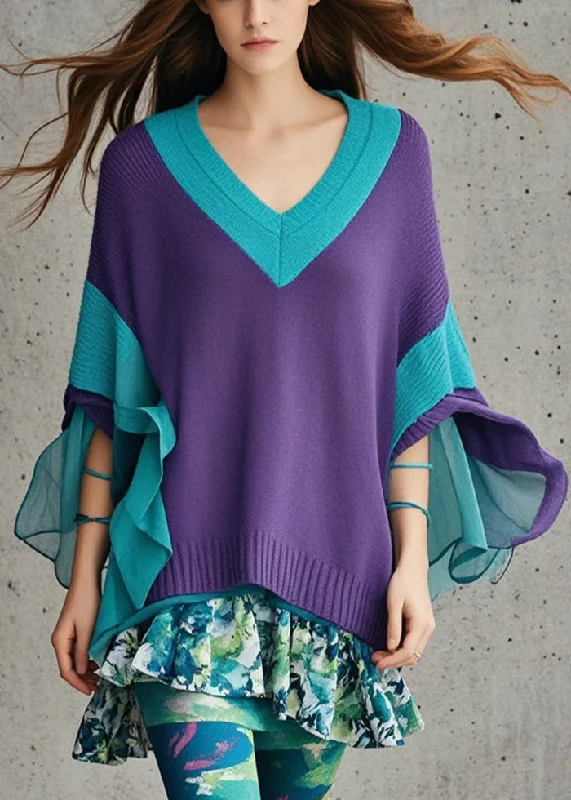Warm And Comfortable DIY Dull Purple V Neck Patchwork Tulle Sweater Fall