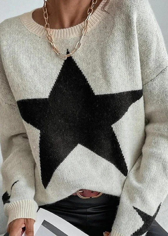 Thin Design Stylish Apricot Stars Pattern Knit Sweaters Fall