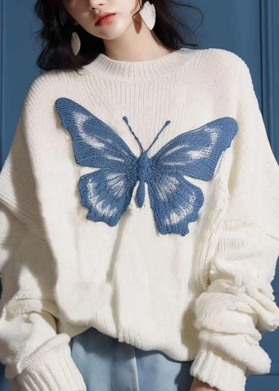 End Of The Year New White O Neck Butterfly Cozy Knit Sweater Fall