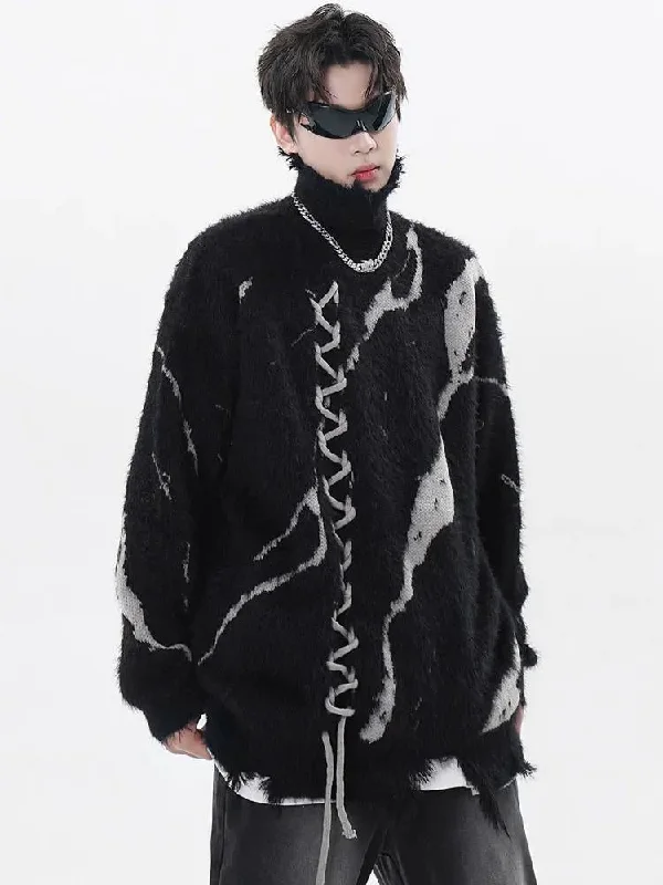Ethnic Style Grunge Fluffy Lace Up Sweater
