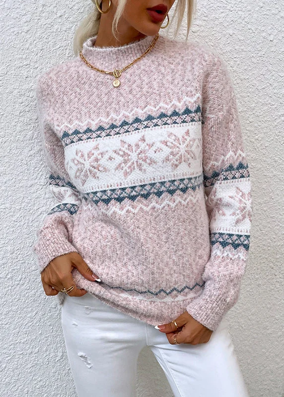Comfortable And Versatile Stylish Pink Half Hign Neck Jacquard Thick Knit Sweaters Fall