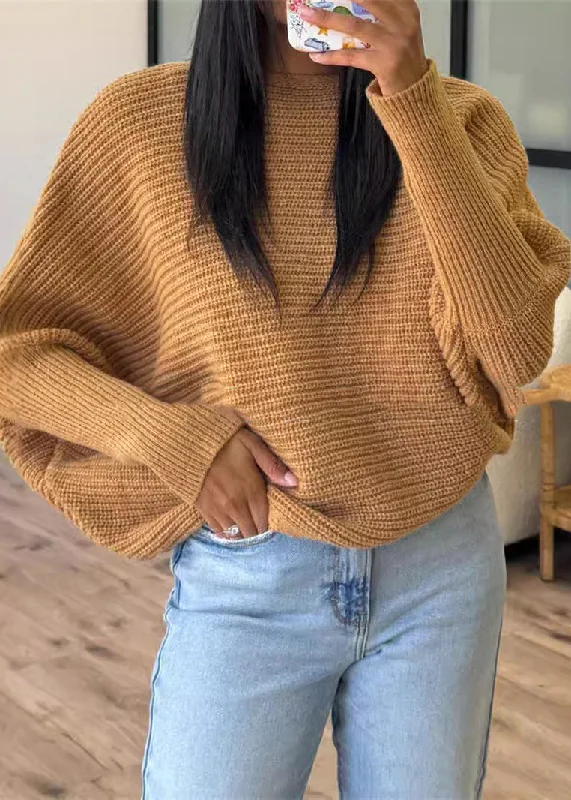 Goddess Style Women Caramel O Neck Thick Knitted Sweaters Tops Fall