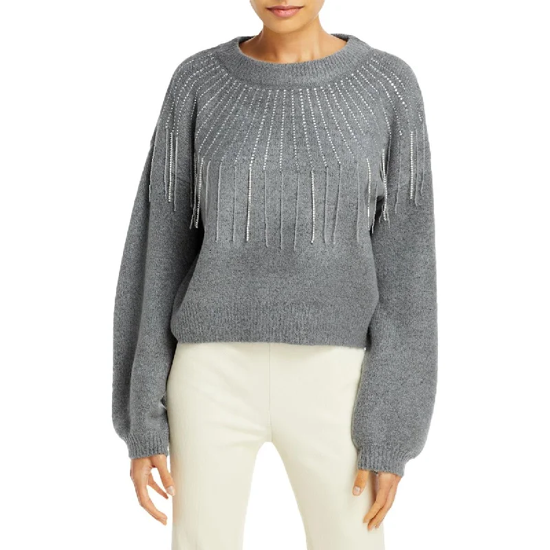 High-end Design Aqua Womens Knit Embellished Crewneck Sweater