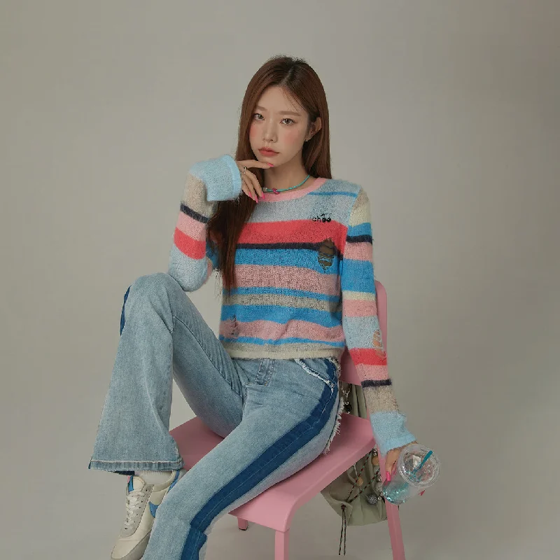Weekend Comfort Rainbow Crop Ripped Stripe Knit Sweater