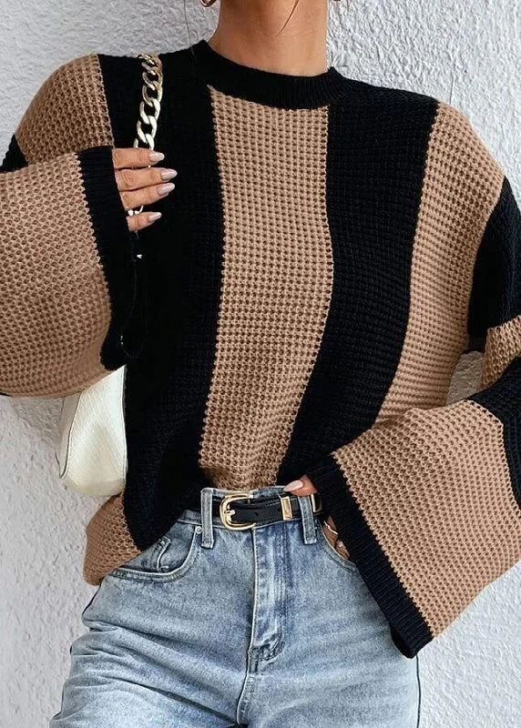 Unique Design Fashion Khaki O Neck Striped Women Knit Sweaters Fall
