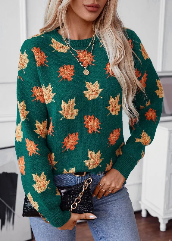 Editorial Design Unique Green O Neck Jacquard Thick Knit Sweaters Fall