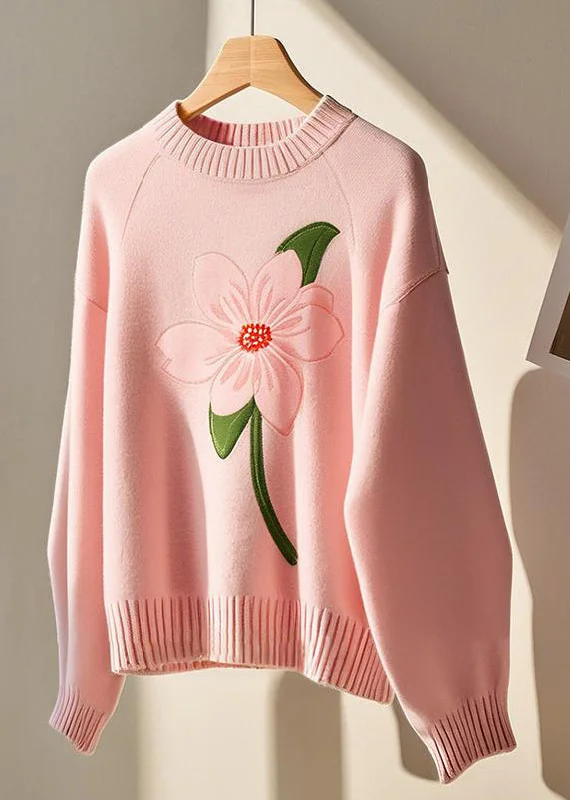 Simple Comfort Women Pink O Neck Cozy Knit Sweater Fall