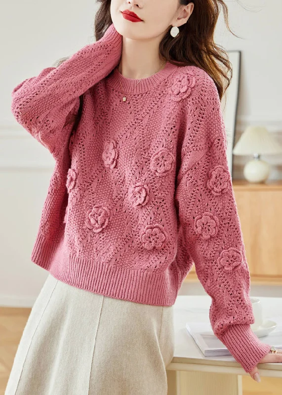 Personalized Wear Floral Pink Hollow Out Solid Knit Sweaters Fall