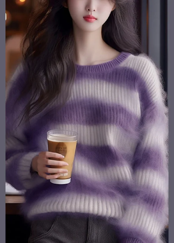 Quality Tailoring Chic Purple Striped Cozy Ma Hai Mao Sweaters Fall