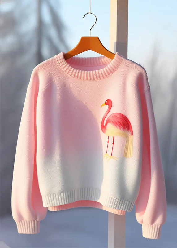 Trendy Comfort Stylish Pink Print Cozy Knitting Cotton Sweaters Fall