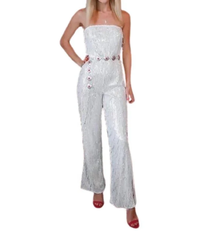 Trendy Wear Rhinestone Metal Beaded Fringe Boydsuit In White