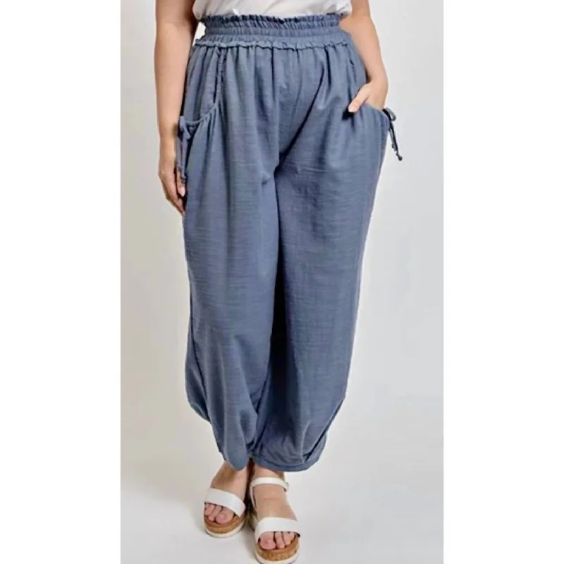 Easy Chic Ramona Cotton Pants With Side Pockets In Slate Blue