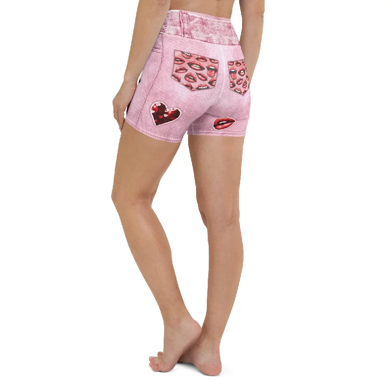 Cozy Layers Valentine Lips Denim Print Yoga Shorts