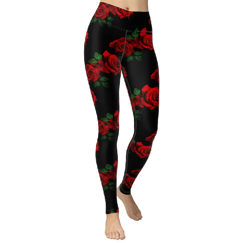 Cozy Lounge Wear Red Roses Yoga Leggings