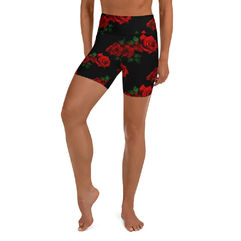 Relaxed Chic Red Roses Yoga Shorts