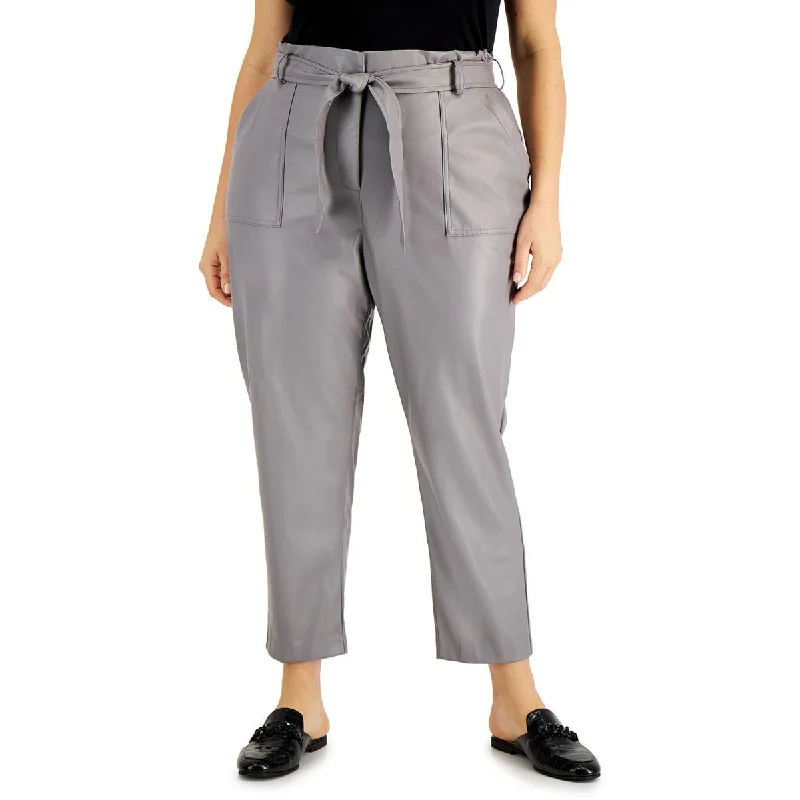 Luxury And Elegant Calvin Klein Womens Plus Faux Leather Tie Waist Straight Leg Pants
