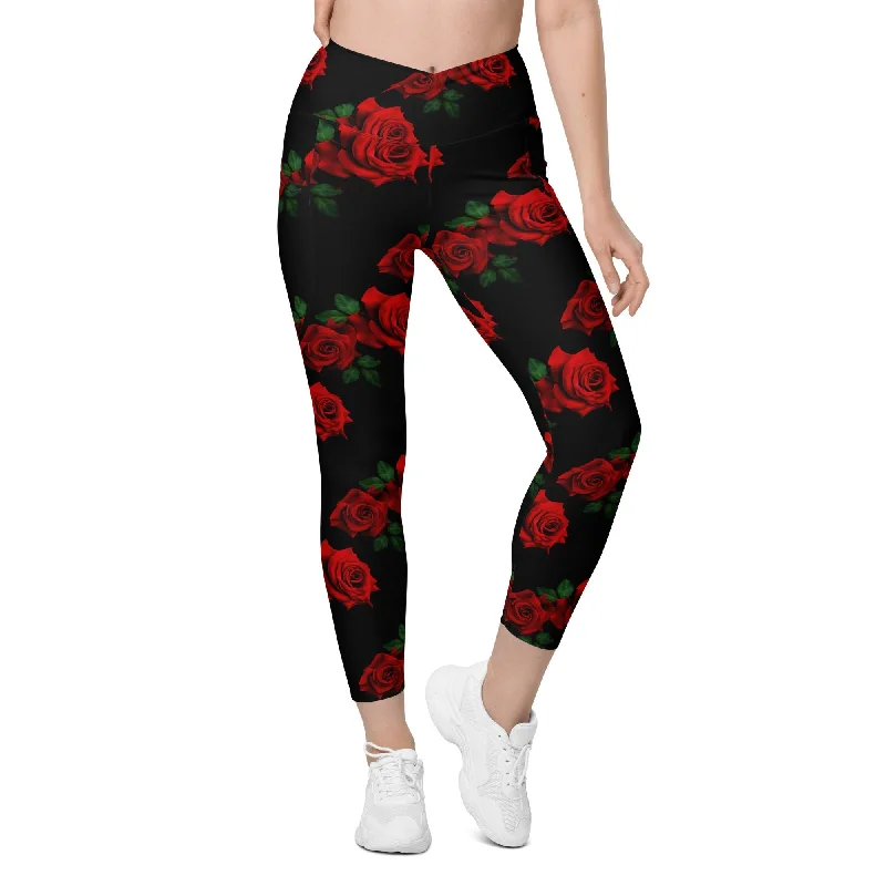 Cozy Apparel Red Roses Crossover Leggings With Pockets