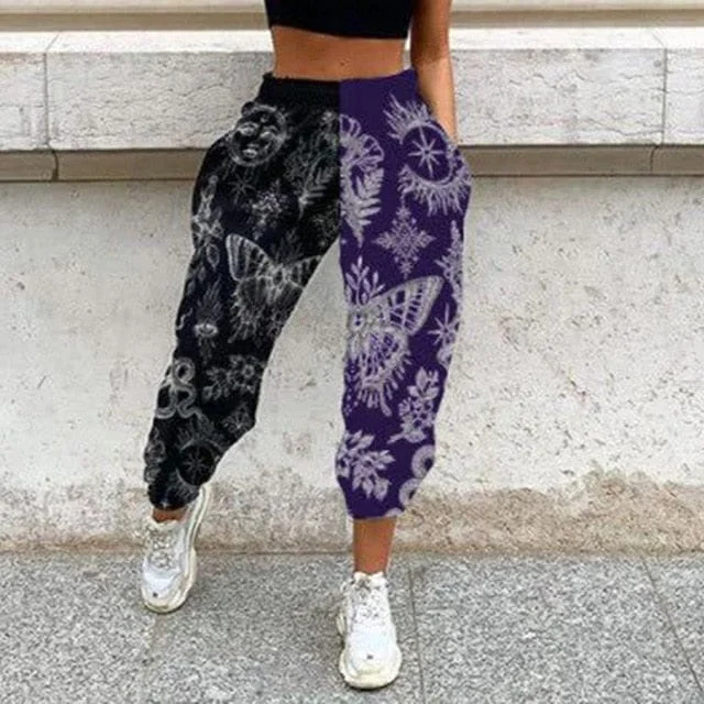 Fashion Style Women's Casual Black & Purple Print Elastic Waist Pocket Wide Leg Pants