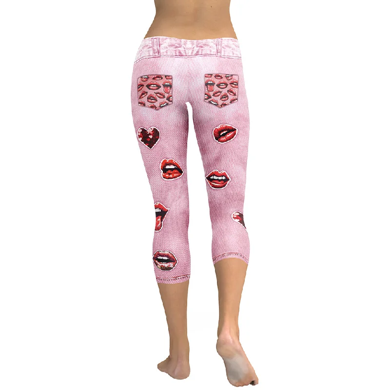 Comfy Pants Valentine Lips Denim Print Capris