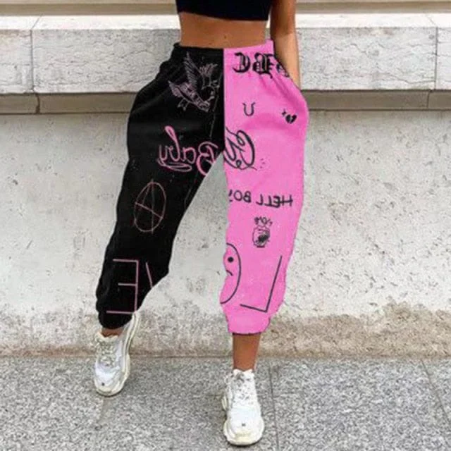 Urban Sense Women's Casual Black & Pink Letter Print Elastic Waist Pocket Wide Leg Pants