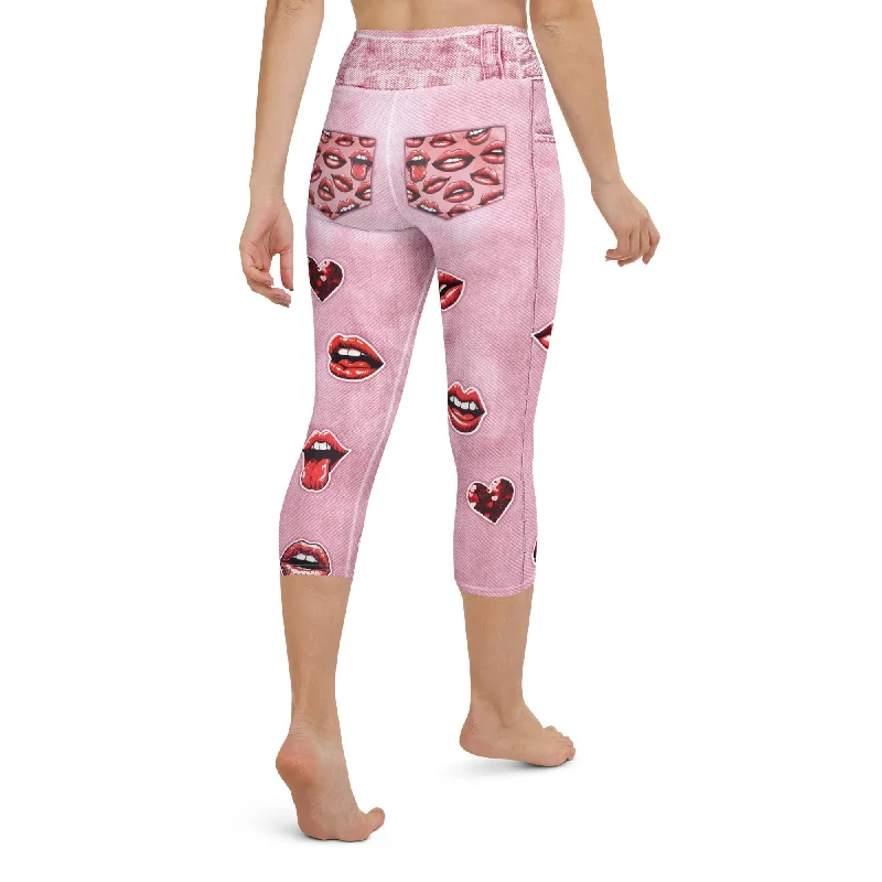 Soft Clothing Valentine Lips Denim Print Yoga Capris