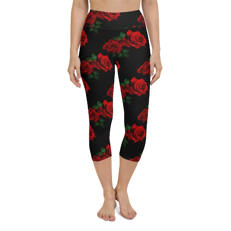 Versatile Style Red Roses Yoga Capris