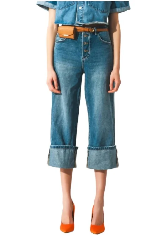 Fashion Comfort Relaxed Jeans With Rolled Hem And Exposed Buttons In Denim Blue