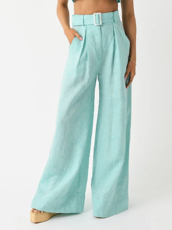Elegant Fit Wide Leg Pleated Pant In Seafoam Melange Linen