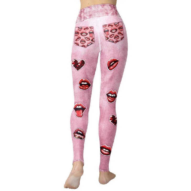 Soft Feel Valentine Lips Denim Print Yoga Leggings