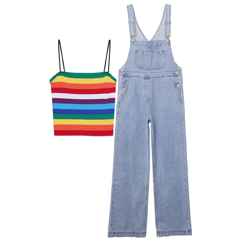 Avant-garde Design KOREAN RAINBOW STRIPE VEST+ DENIM OVERALLS  BY63103