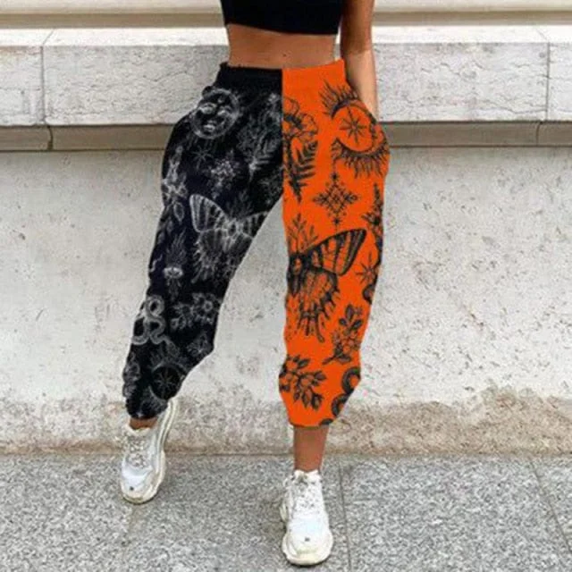 Casual And Comfortable Women's Casual Black & Orange Print Elastic Waist Pocket Wide Leg Pants