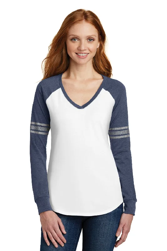 Cozy Fit Wear District Womens Game Long Sleeve V-Neck T-Shirt - White/Heather Navy Blue/Silver Grey - Closeout